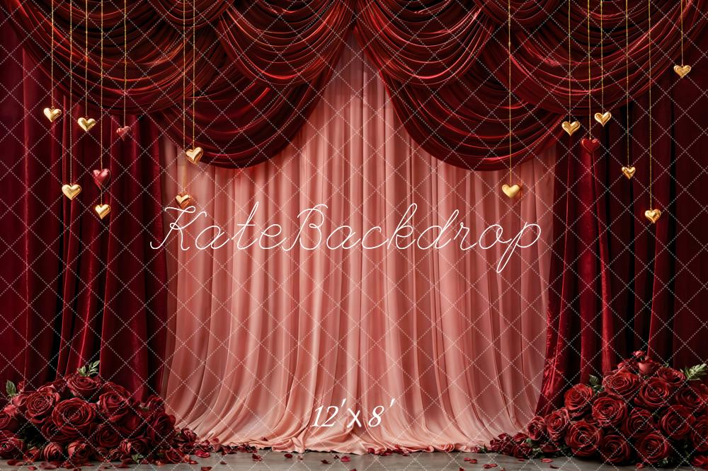 Kate Valentine's Day Red Curtains Pink Drapes Gold Hearts Roses Backdrop Designed by Emetselch