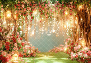 Kate Valentines Romantic Flower Arch Trees Fairy Lights Printed Backdrop Designed by Emetselch