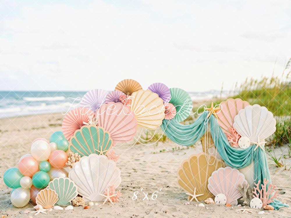 Kate Mermaid Cake Smash Seashell Coral Balloon Beach Printed Backdrop Designed by Patty Roberts