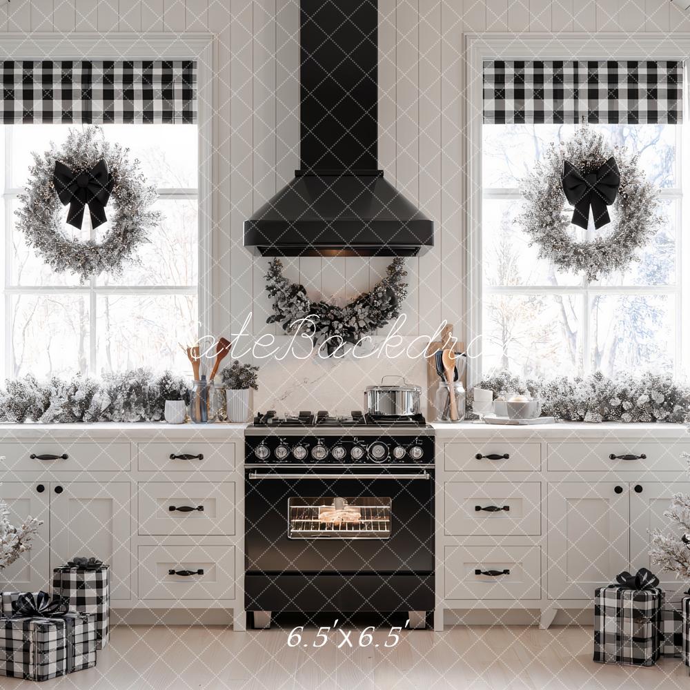 Kate Christmas Kitchen Black White Trees Wreaths Gifts Backdrop Designed by Ashley Paul