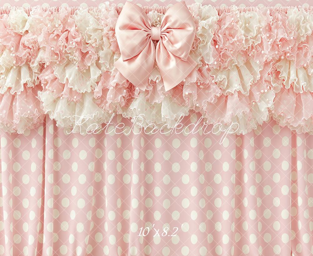 Kate Birthday Girls Pink Polka Dot Ruffle Bow Printed Backdrop Designed by Angela Miller