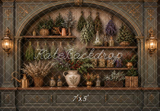 Kate Vintage Green Arch Shelves Hanging Herbs Cabinet Printed Backdrop Designed by Vertigo Productions