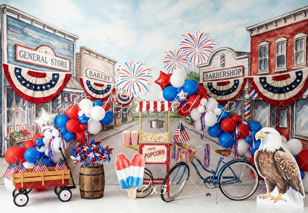 Kate 4th Of July Main Street Fireworks Balloons Bike Eagle Printed Backdrop Designed by Patty Roberts