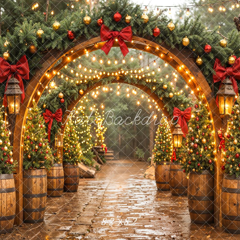 Kate Christmas Wood Arch Garland Barrel Trees Backdrop Designed by Emetselch