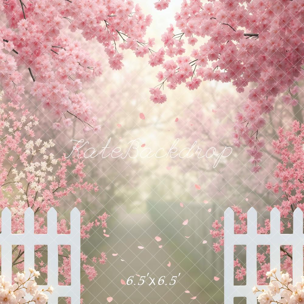 Kate Pink Cherry Blossoms White Fence Garden Backdrop Designed by Mini MakeBelieve