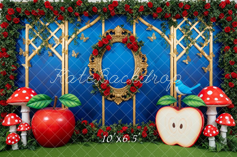 Kate Cake Smash Blue Lattice Red Roses Apples Mushrooms Gold Frame Backdrop Designed by Patty Roberts