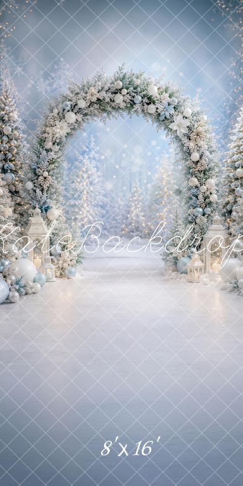 Kate Sweep Christmas Wonderland Frosted Arch Snowy Floral Printed Backdrop Designed by Happy Squirrel Design