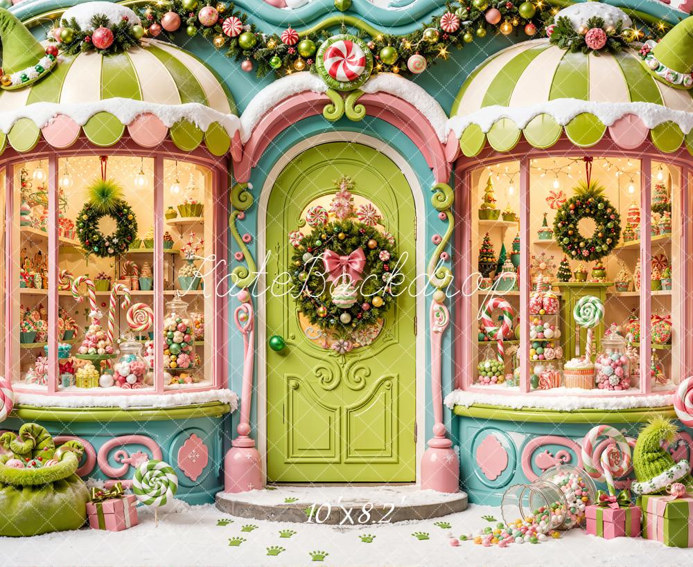Kate Christmas Fantasy Whimsical Candy Shop Kids Green Printed Backdrop Designed by Emetselch