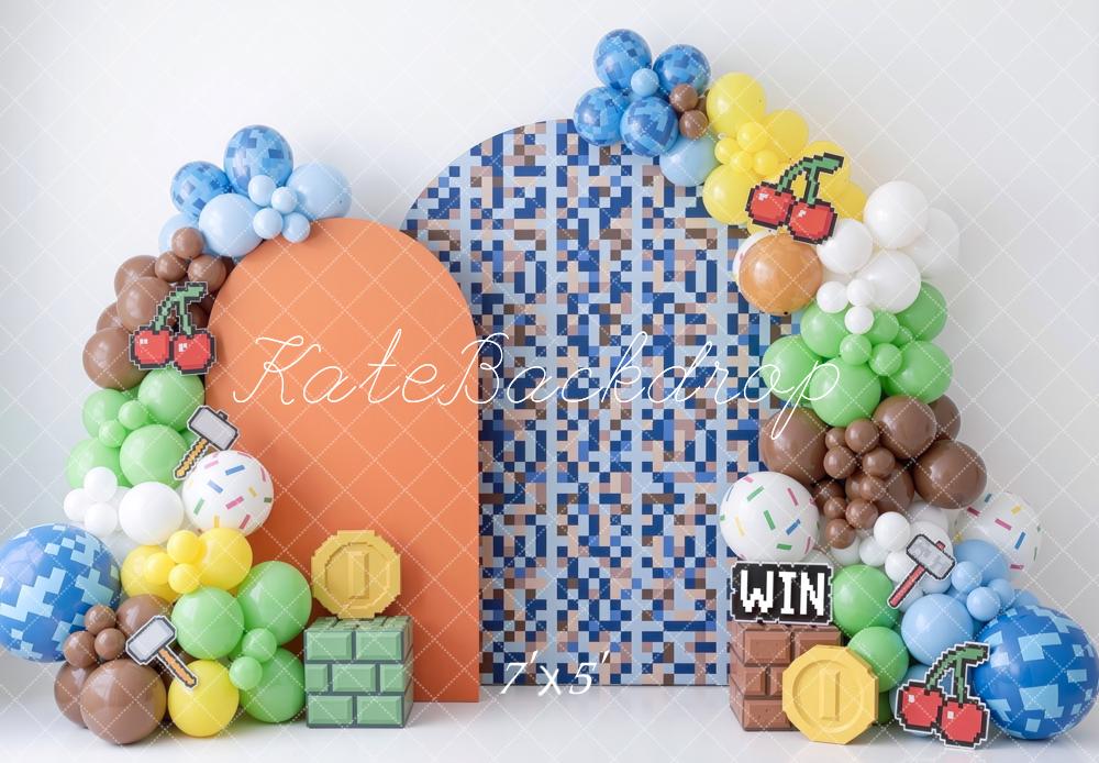Kate Cake Smash Pixel Video Game Balloons Bricks Coins Blue Mosaic Printed Backdrop Designed by Mini MakeBelieve