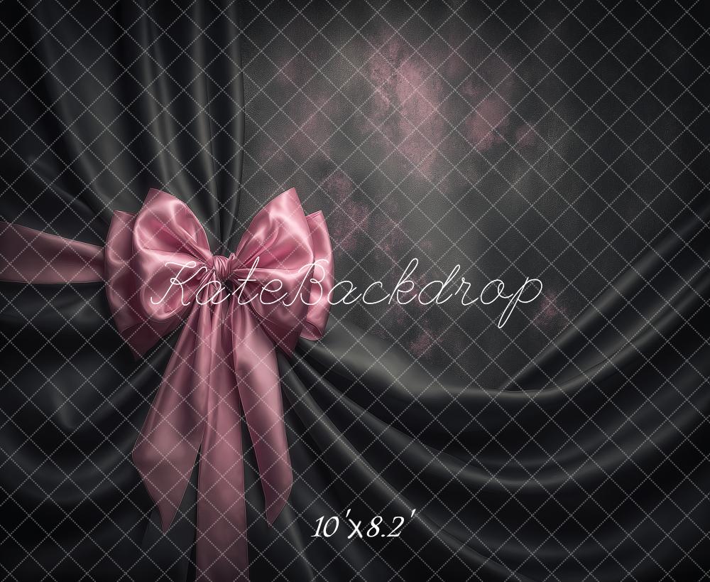 Kate Lux Satin Black Draped Fabric Pink Bow Printed Backdrop Designed by Angela Miller
