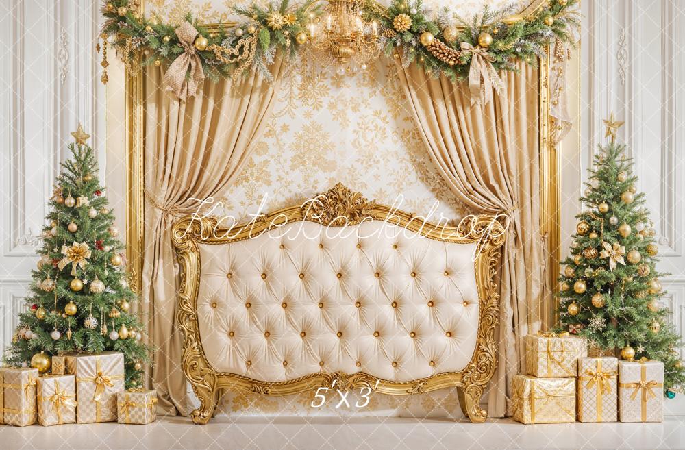 Kate Christmas Headboard Upholstered Luxury Golden Curtains Backdrop Designed by Emetselch