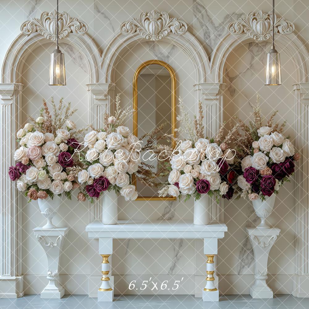 Kate Flower Arch Marble Columns Floral Vases Mirror Backdrop Designed by Mini MakeBelieve