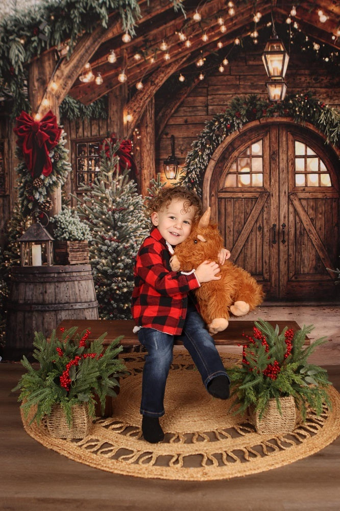 Kate Christmas Rustic Wooden Arch Door Garland Pine Trees Backdrop Designed by Emetselch