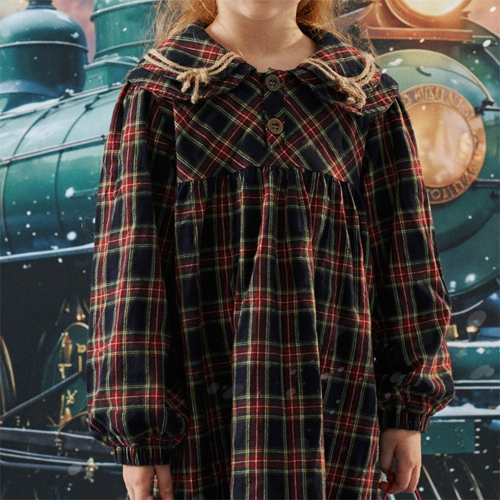 Kate Christmas Brown Basic Kids Plaid Dress