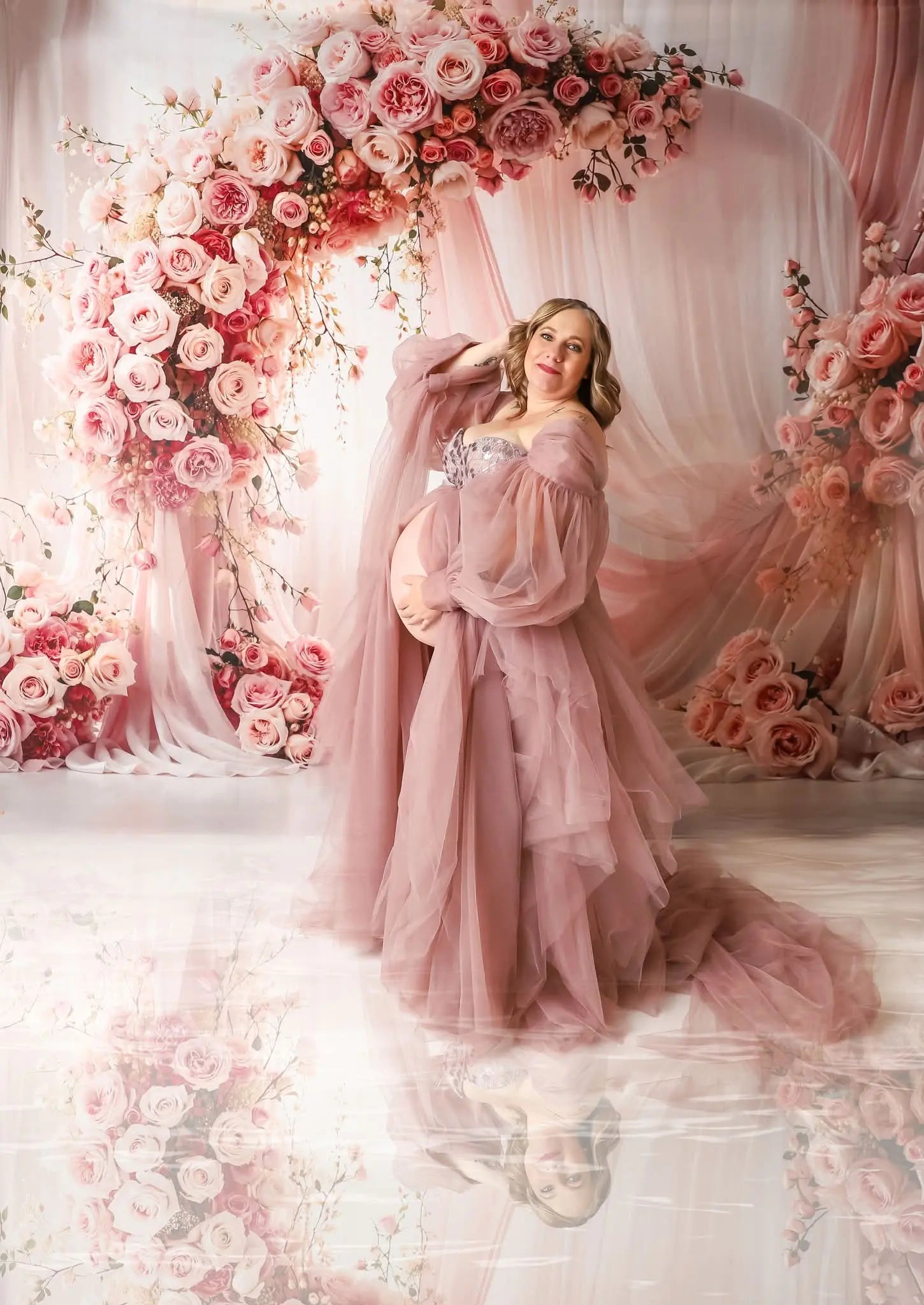 Kate Mother's Day Flower Arch Pink Roses Draped Curtains Printed Backdrop Designed by Emetselch