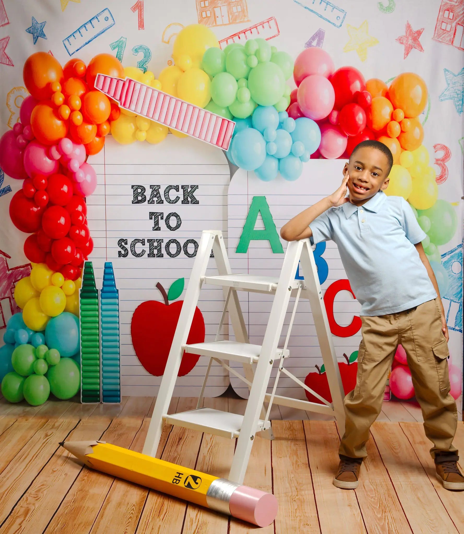 Kate Back to School Rainbow Balloons Crayons Apple Notebook Printed Backdrop Designed by Emetselch