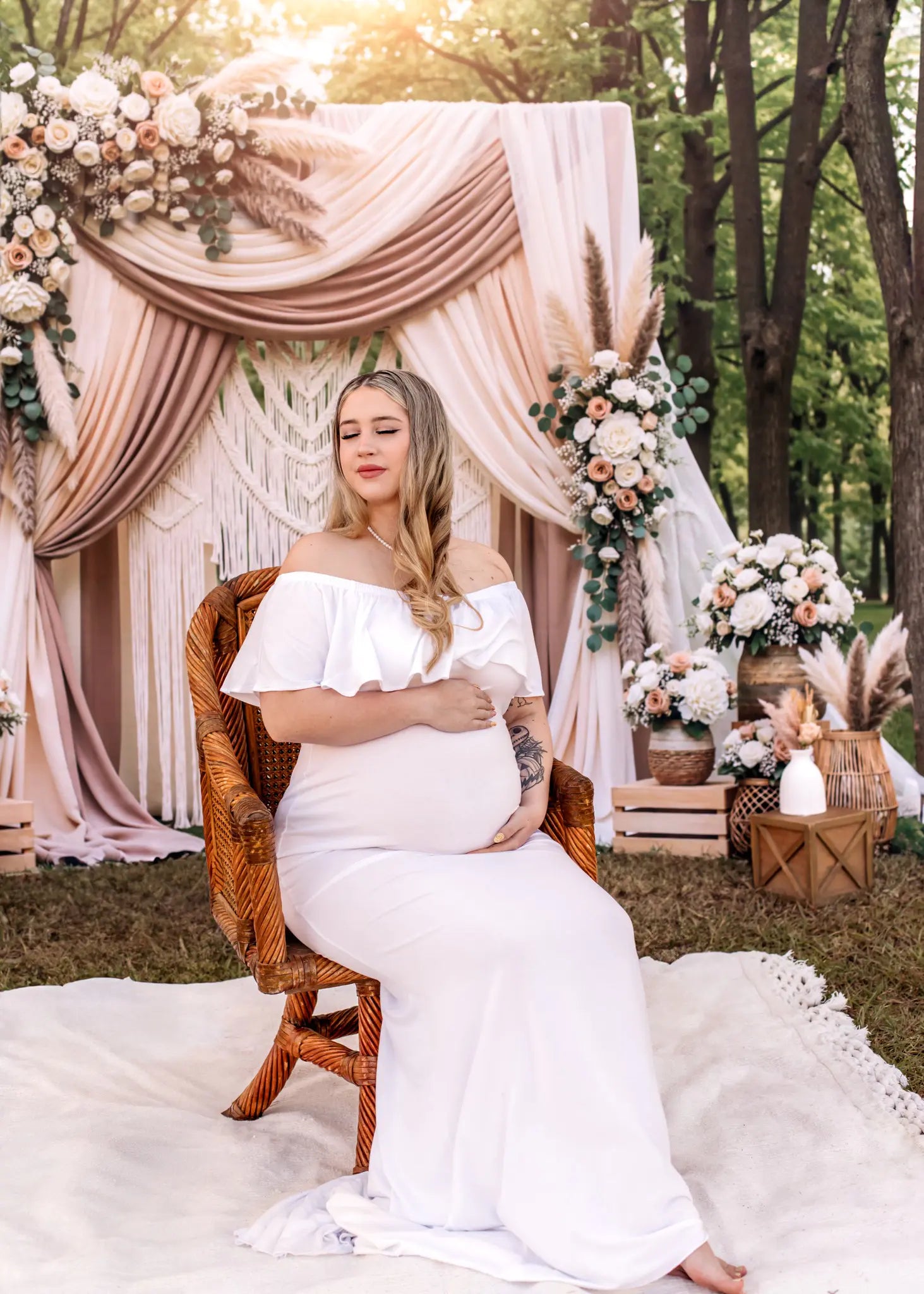 Kate Boho Flower Arch Macrame Drapes Printed Backdrop Designed by Mini MakeBelieve