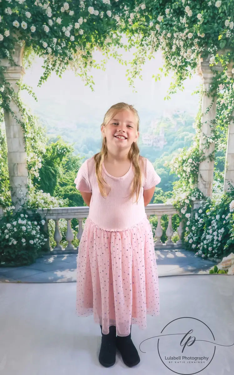 Kate Summer Terrace Arch Floral Greenery Mountain Backdrop Designed by Emetselch