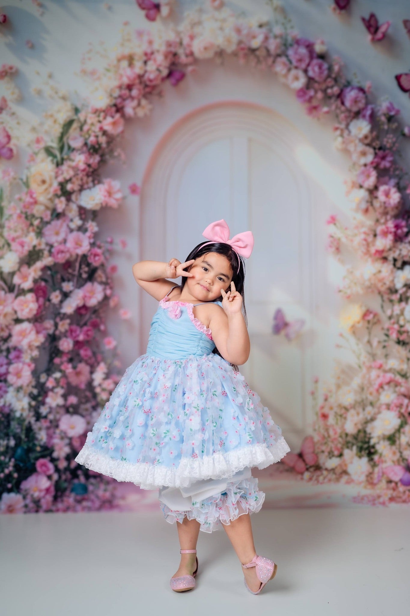 Kate Spring Flower Arch Pink Butterflies White Door Printed Backdrop Designed by Emetselch