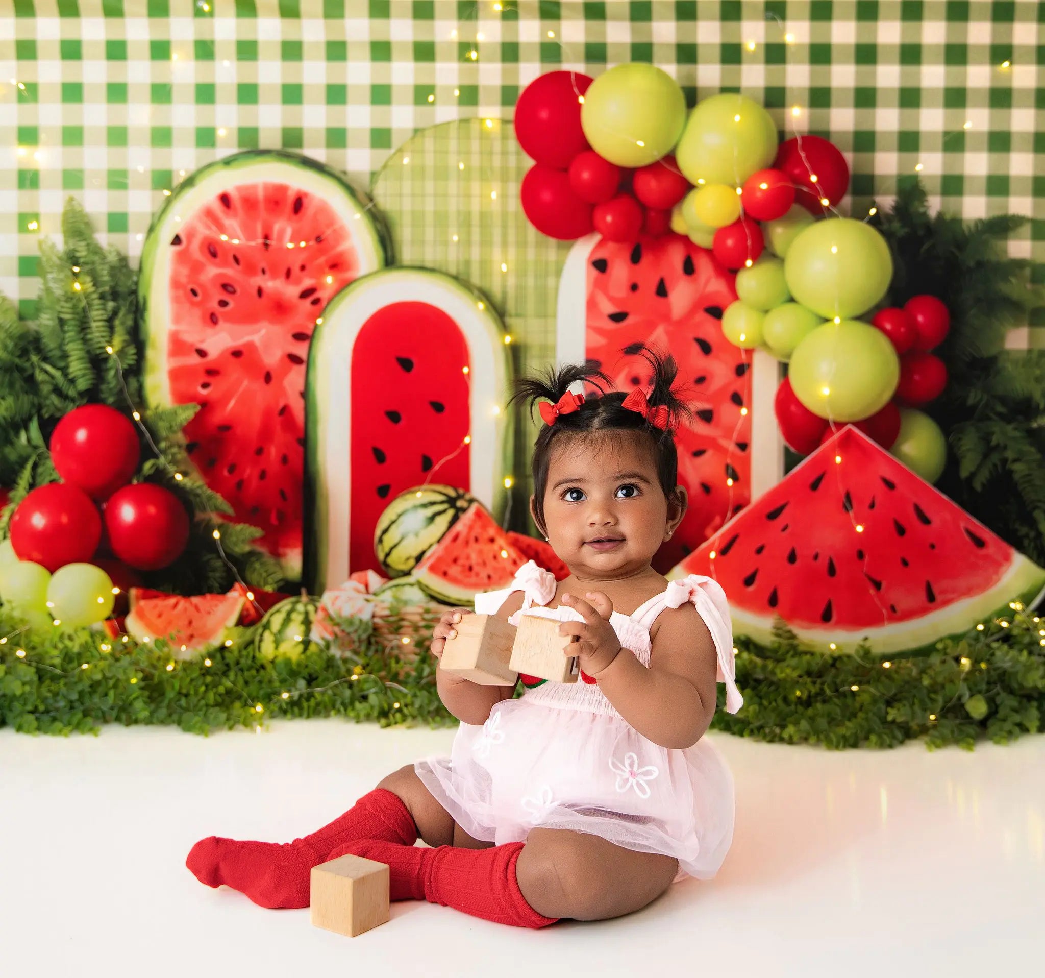 Kate Summer Watermelon Picnic Balloons Green Plaid Printed Backdrop Designed by Emetselch