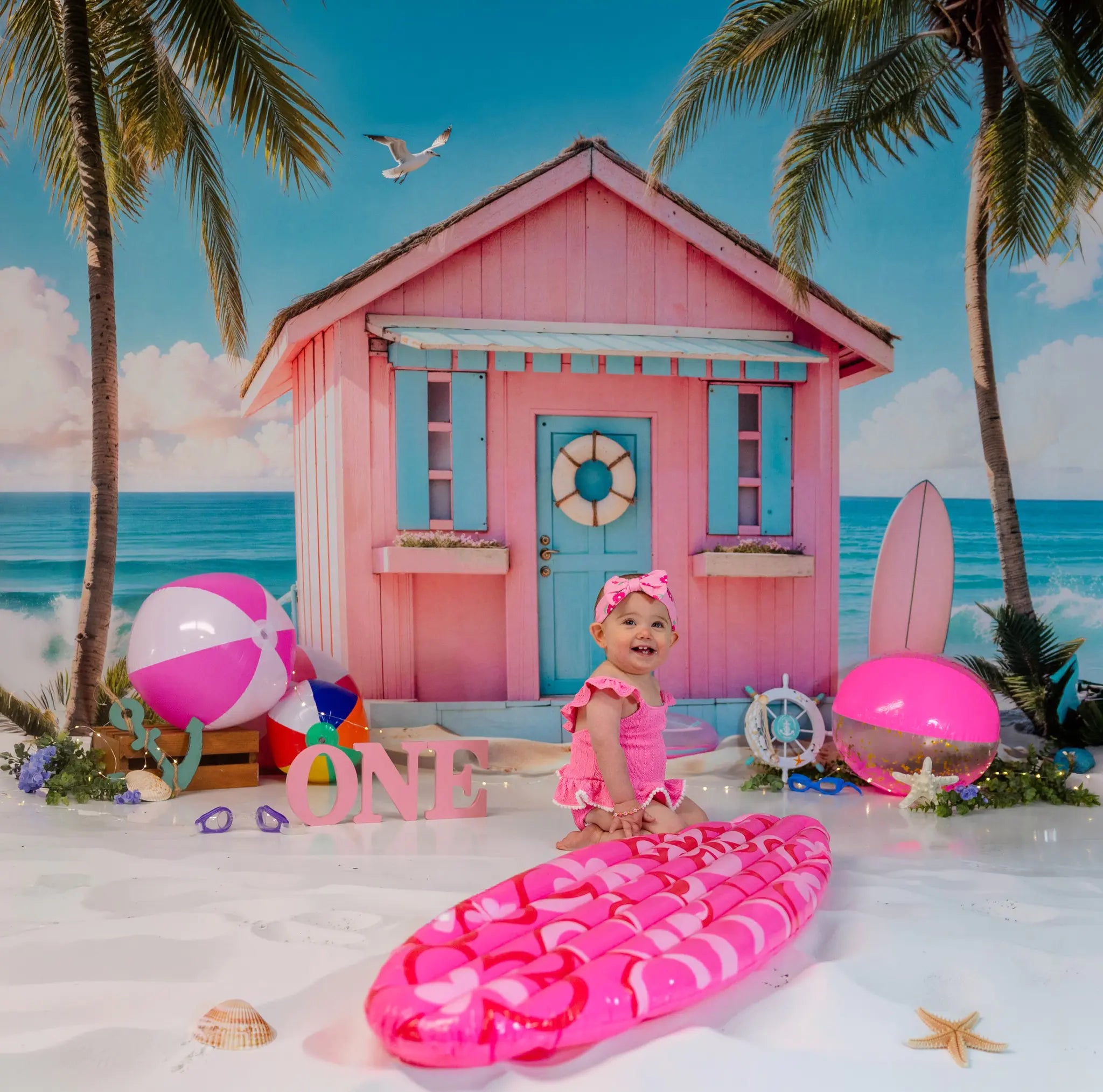 Kate Summer Blue Sky White Cloud Sea Beach Green Tree Surfboard Ball Pink House Printed Backdrop Designed by Chain Photography