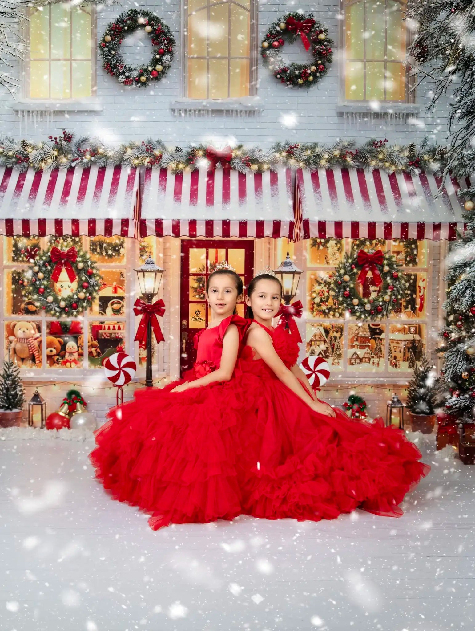 Kate Christmas Holiday Shop Front Red Awning Wreaths Snow Backdrop Designed by Emetselch