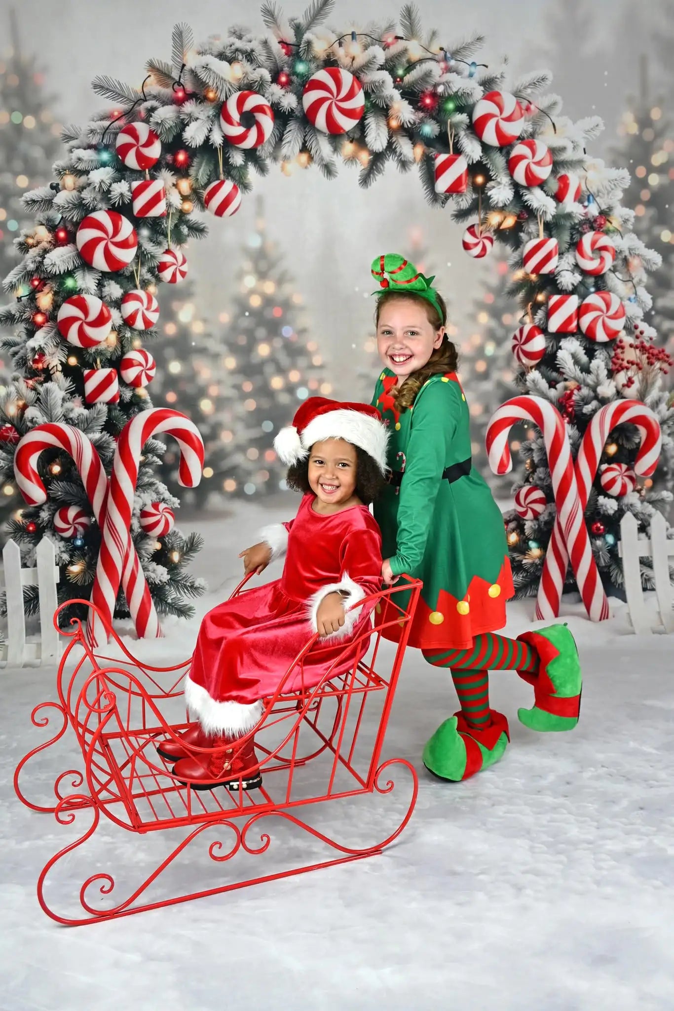Kate Christmas Candy Cane Flower Arch Snow Printed Backdrop Designed by Emetselch