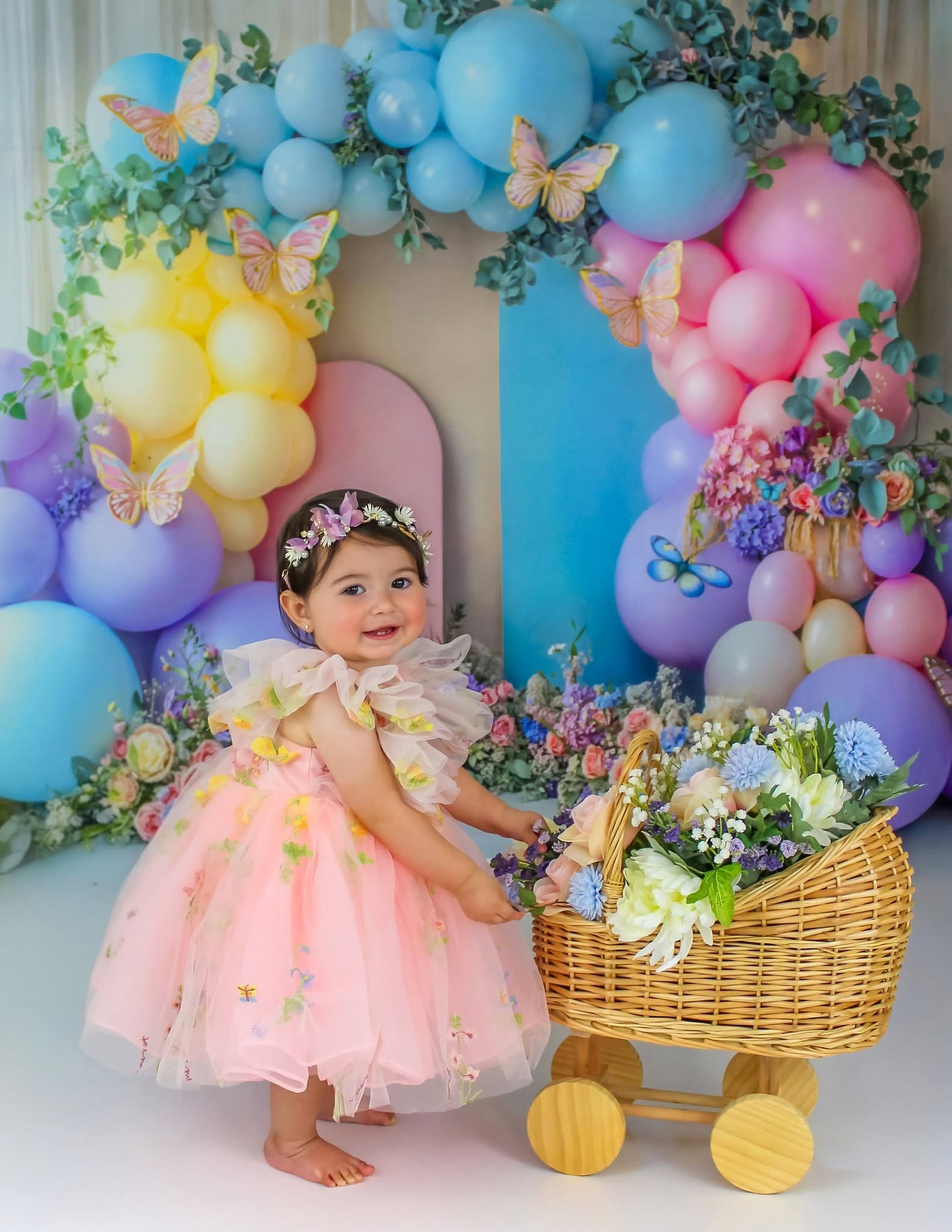 Kate Cake Smash Balloon Arch Pastel Butterfly Flowers Printed Backdrop Designed by Emetselch