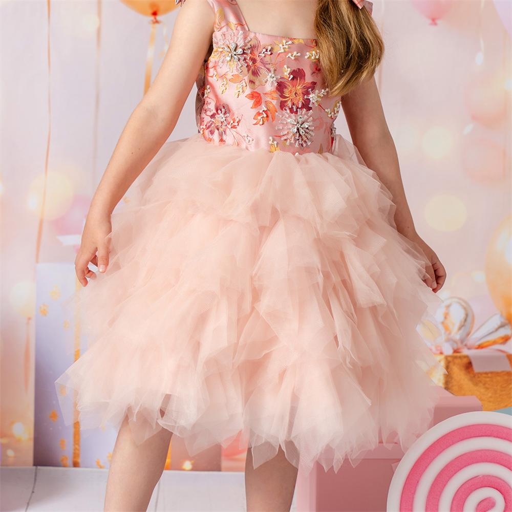 Couture Velvet Roze Sequin Strik Schouder Meisjesjurk voor Fotografie