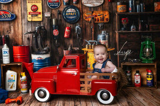 Kate Vintage Garage Wooden Wall Printed Backdrop Designed by Emetselch