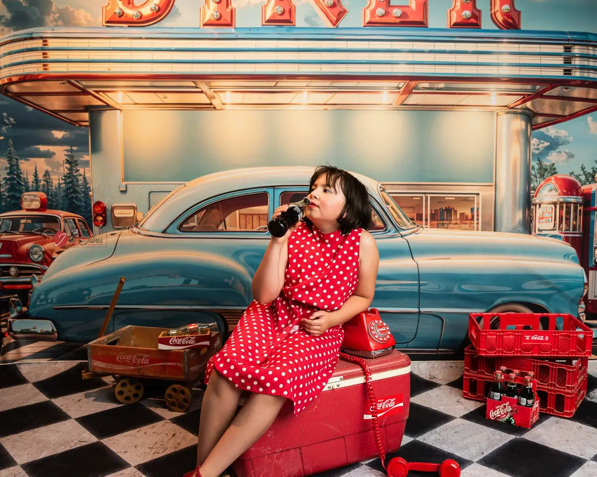 Retro Diner Vintage Car Blue Backdrop+Rusty Backdrop Black Dirty White Grid Floor Backdrop
