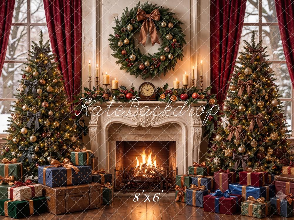 Kate Christmas Trees Fireplace Wreath Gifts Red Curtains Printed Backdrop Designed by Emetselch