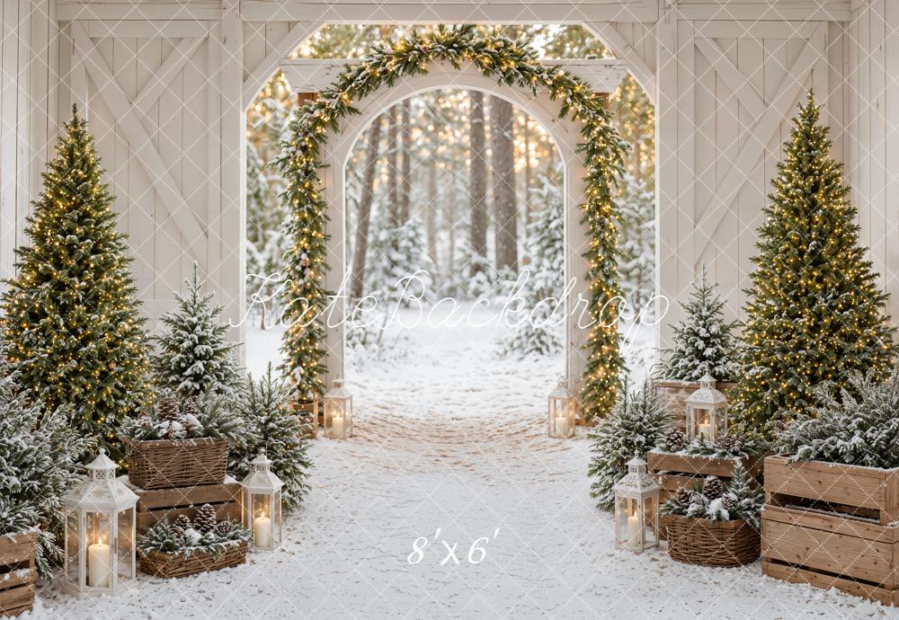 Kate Christmas Barn Arch Snowy Trees Lanterns Printed Backdrop Designed by Emetselch