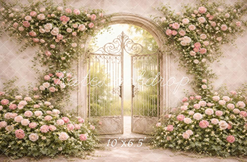 Kate Spring Flower Arch Iron Gate Pink Roses Printed Backdrop Designed by Vertigo Productions