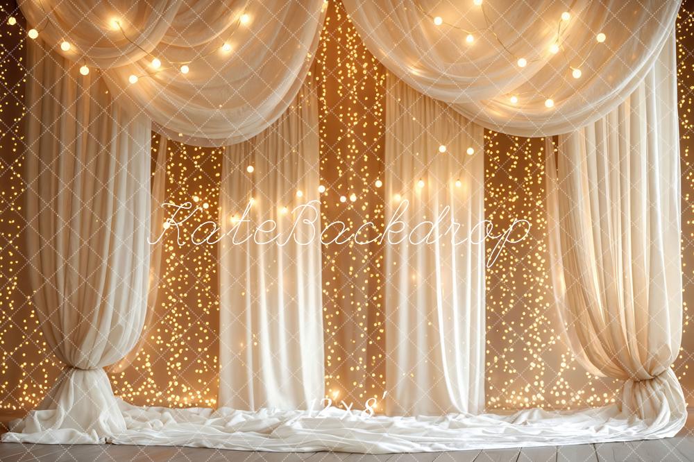 Kate White Drapes String Lights Curtain Printed Backdrop Designed by Mini MakeBelieve