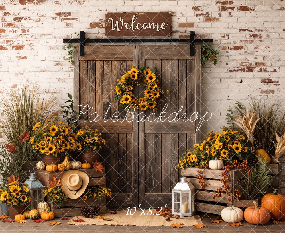 Kate Fall Sunflower Pumpkin Barn Door Rustic Printed Backdrop Designed by Emetselch