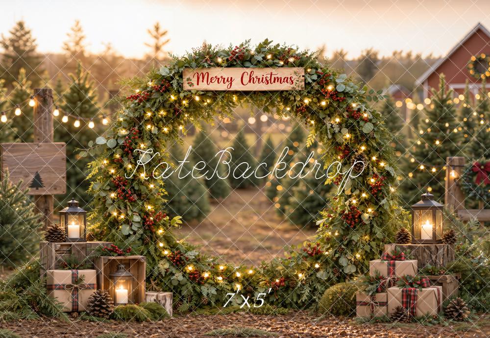 Kate Christmas Farm Greenery Arch Gift Boxes Rustic Printed Backdrop Designed by Emetselch