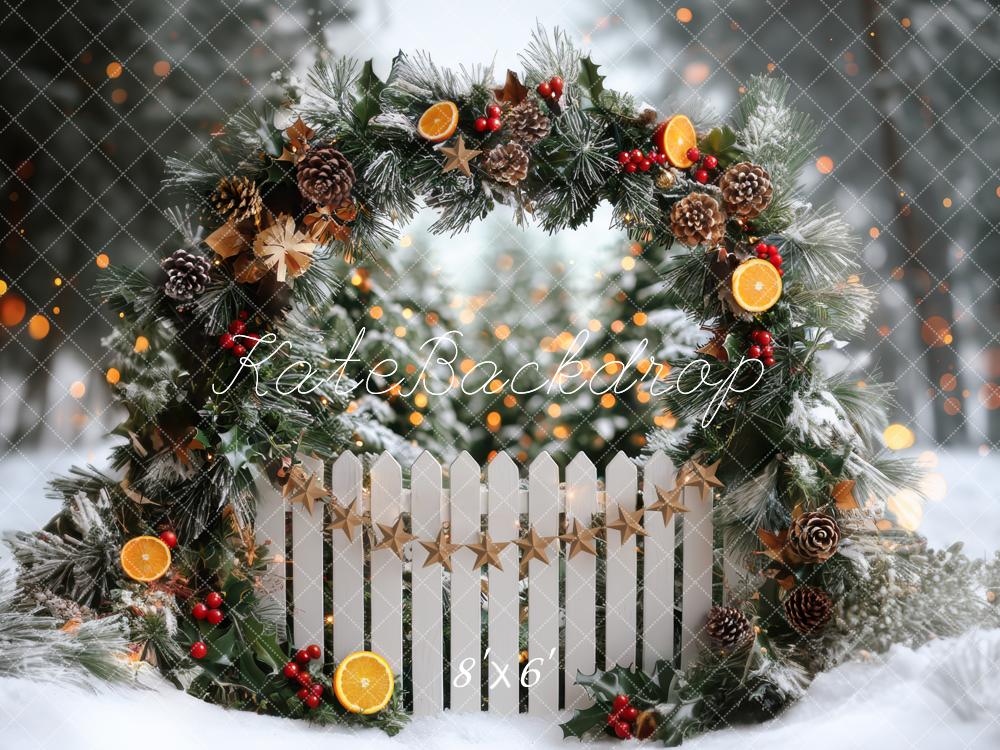 Kate Christmas Arch Winter Snowy Fence Oranges Backdrop Designed by Mini MakeBelieve
