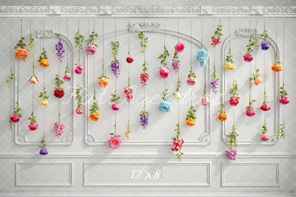 Kate Spring Hanging Flowers White Retro Wall Backdrop Designed by Mini MakeBelieve