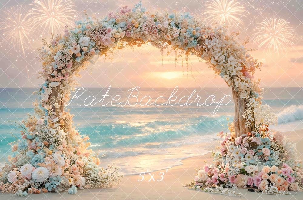 Kate Beach Sunset Flower Arch  Fireworks Printed Backdrop Designed by Mini MakeBelieve