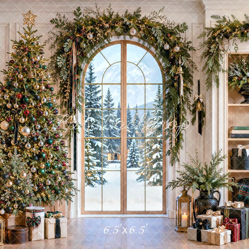 Kate Christmas Tree Garland Arched Window Shelf Printed Backdrop Designed by Mini MakeBelieve