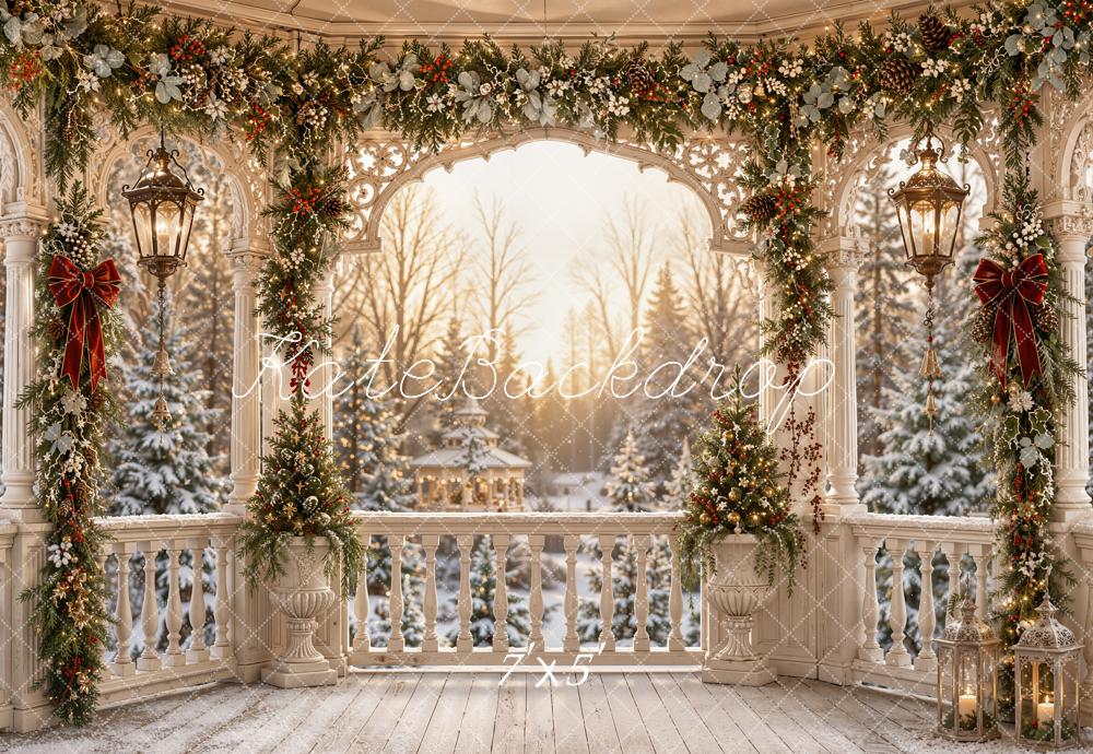 Kate Christmas Gazebo Garland Porch Snowy Trees Printed Backdrop Designed by Emetselch