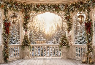 Kate Christmas Gazebo Garland Porch Snowy Trees Printed Backdrop Designed by Emetselch