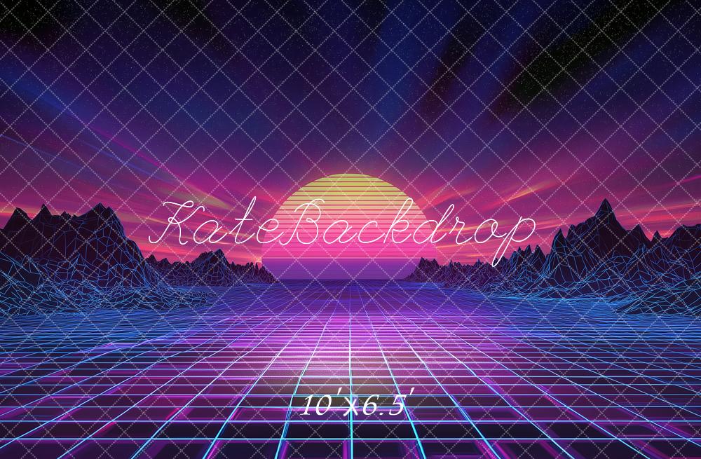 Kate Retro Grid Neon Sunset Landscape Printed Backdrop Designed by Angela Miller