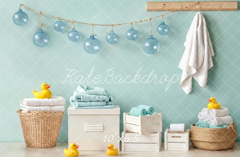 Kate Blue Bathroom Rubber Ducks Towels Baskets Hanging Lights Backdrop Designed by Emetselch