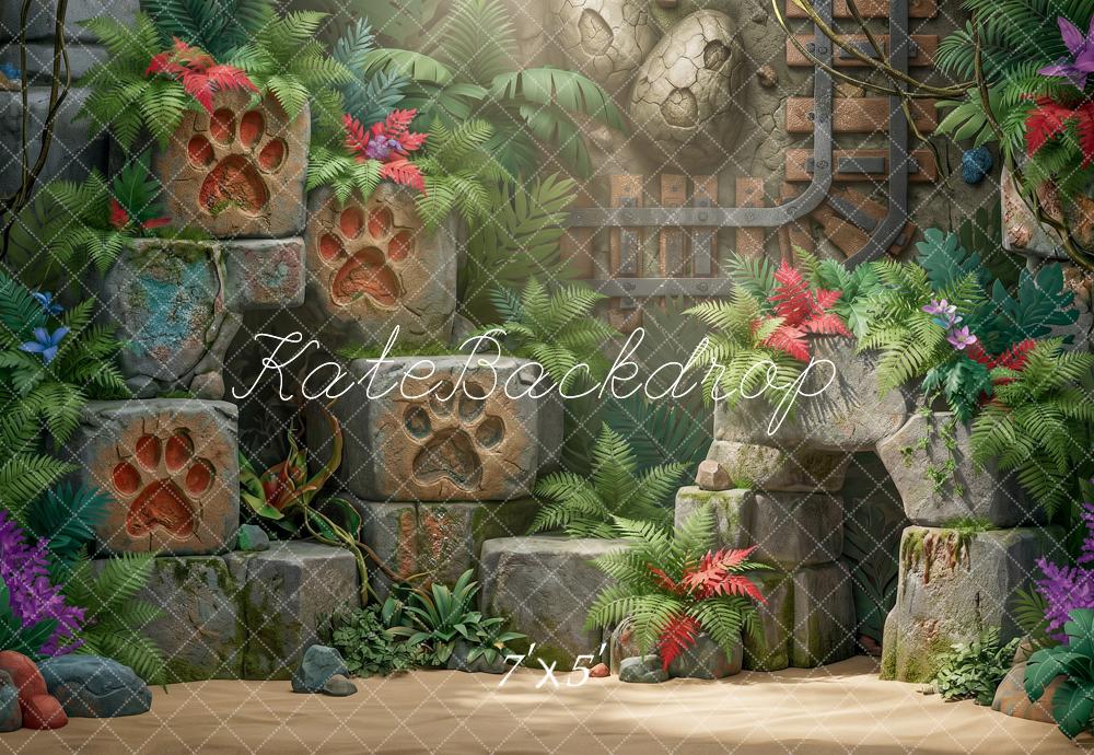 Kate Adventure Jungle Ruins Paw Print Stones Ferns Printed Backdrop Designed by Angela Miller
