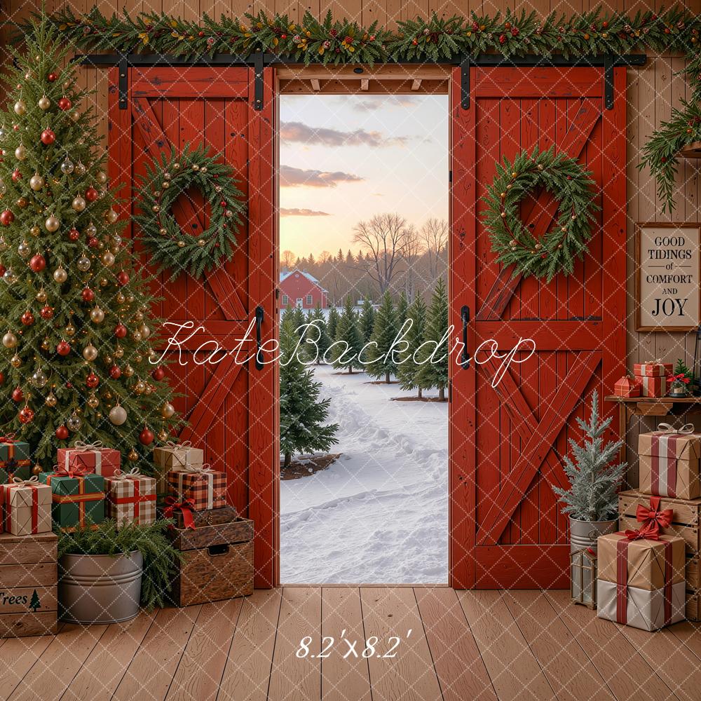 Kate Christmas Red Barn Doors Tree Wreaths Snowy Path Printed Backdrop Designed by Shutter Swan Studios