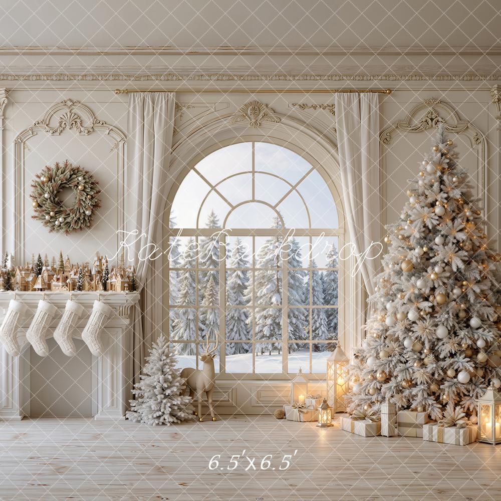 Kate Christmas Tree Ivory Fireplace Arched Window Snow Printed Backdrop Designed by Emetselch