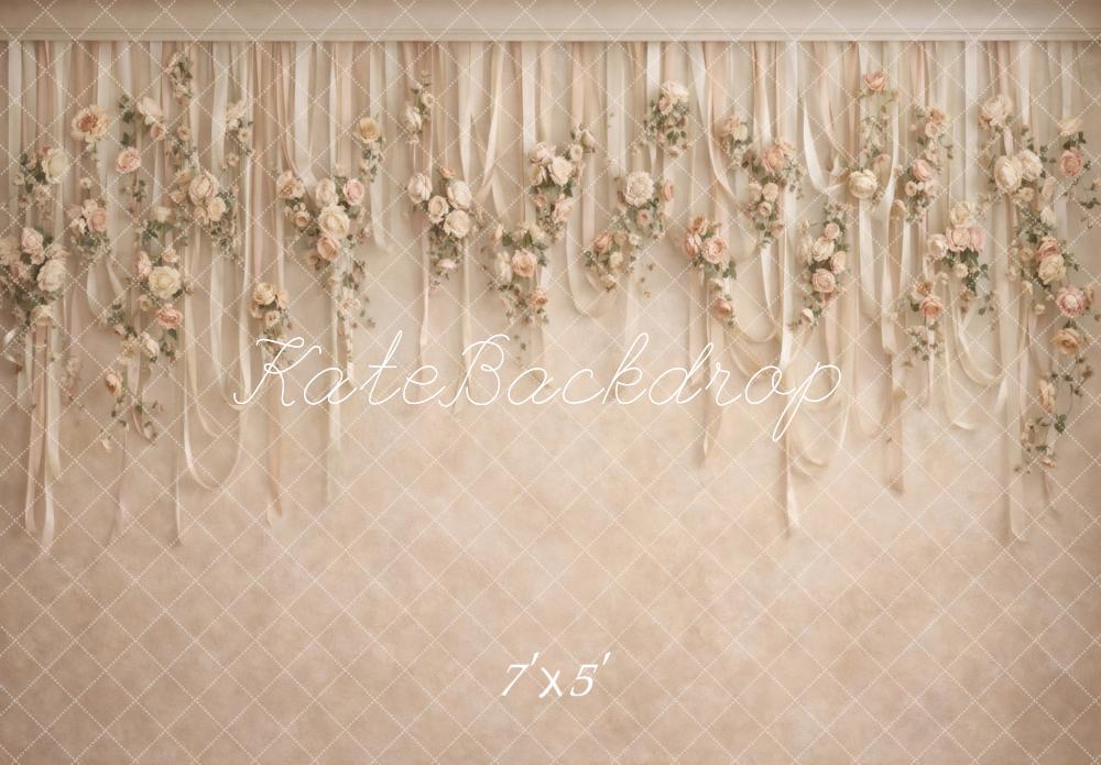 Kate Boho Neutral Flower Arch Hanging Ribbons Printed Backdrop Designed by Vertigo Productions