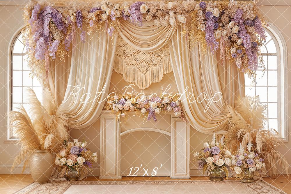 TEST Kate Boho Flower Arch Beige Purple Drapes Macrame Pampas Grass Backdrop Designed by Emetselch